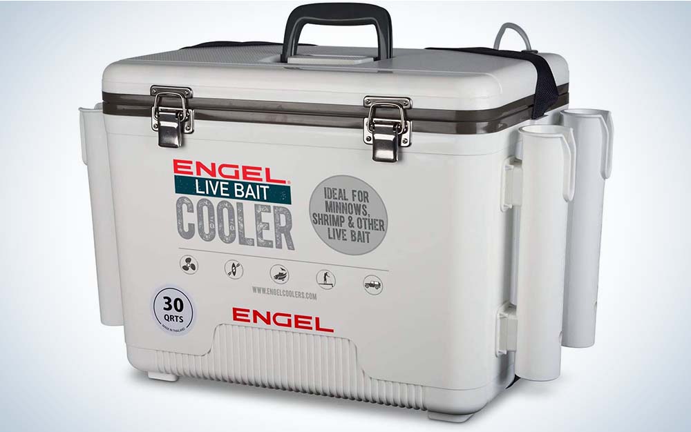 A white best fishing cooler with four rod holders