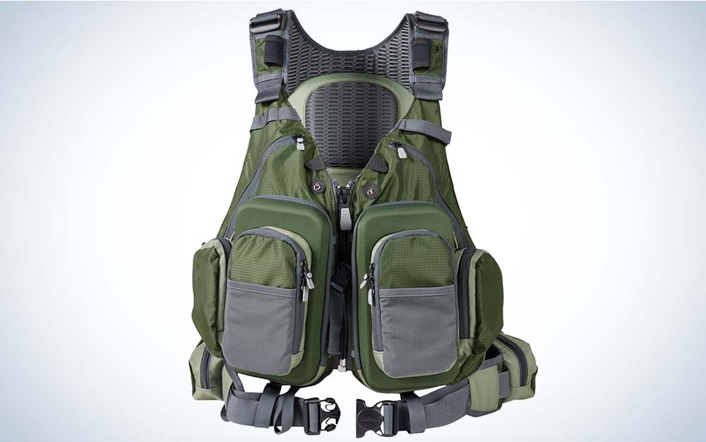 A dark green best fly fishing vest with large front pockets