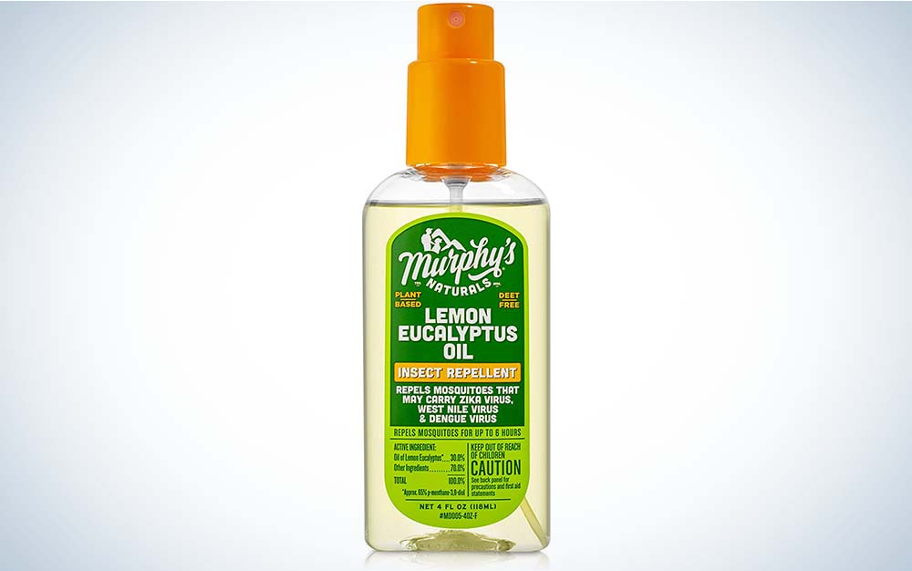 A clear bottle of best tick repellent with an orange cap and green label