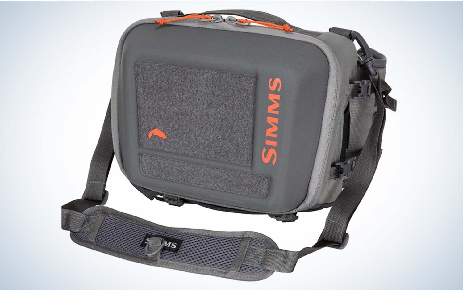 A grey hip pack for fly fishing