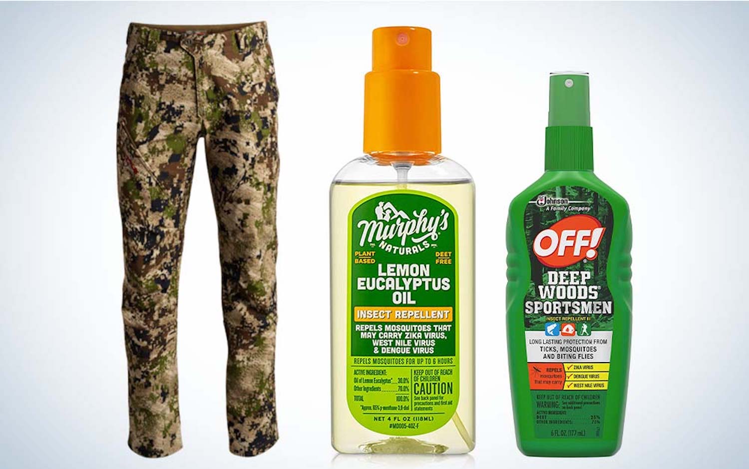 A pair of best tick repellent pants next to two best tick repellent sprays