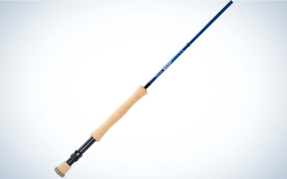A blue best fly rod for beginners with a cork handle