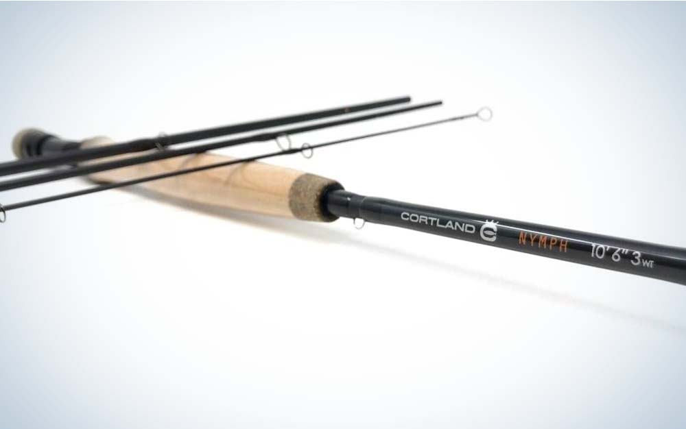 A black fly fishing rod for beginners with a cork handle