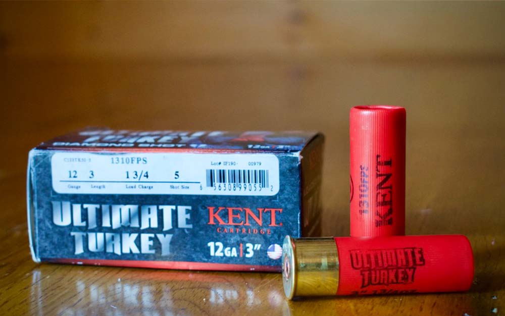 Two red shot shells next to a black box of the best turkey loads