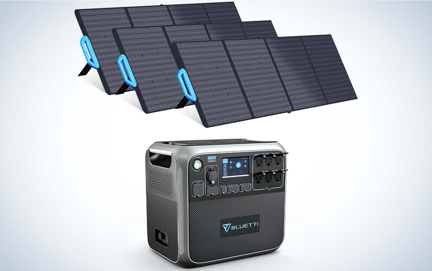 A black best solar powered generator next to three black solar panels