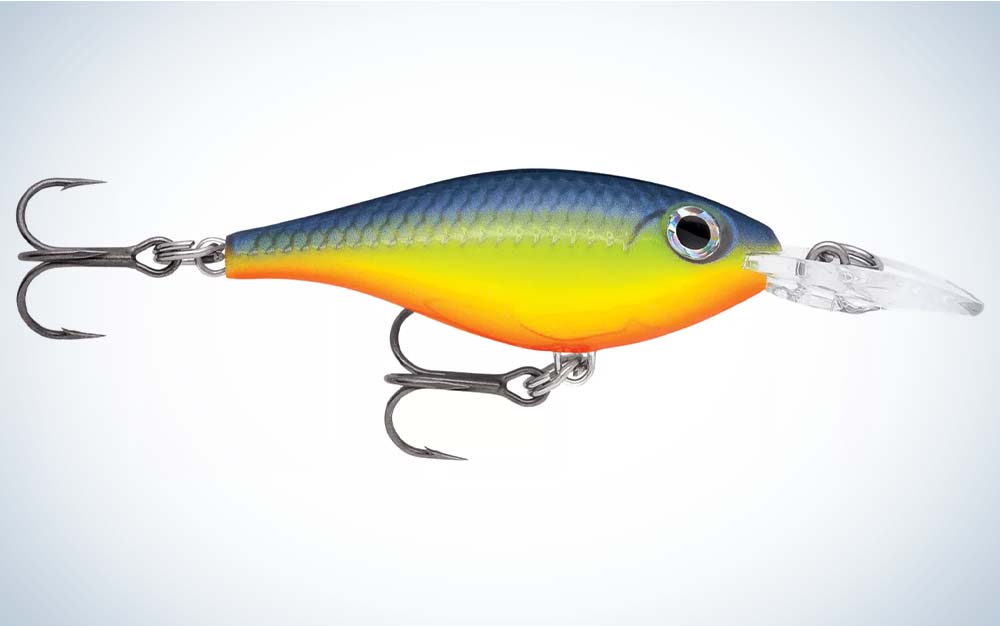 A yellow best crappie lure with blue and orange accents