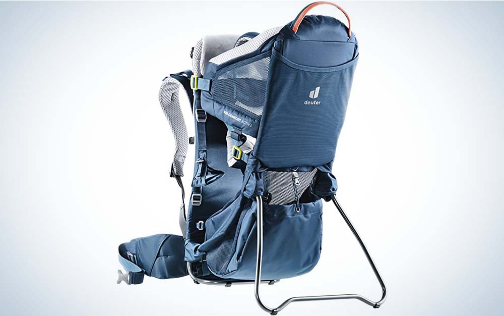 A blue best baby carrier for hiking