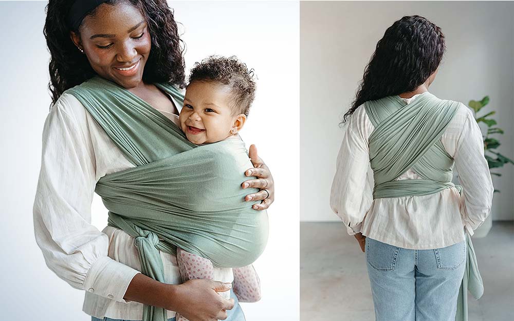 A green wrap baby carrier