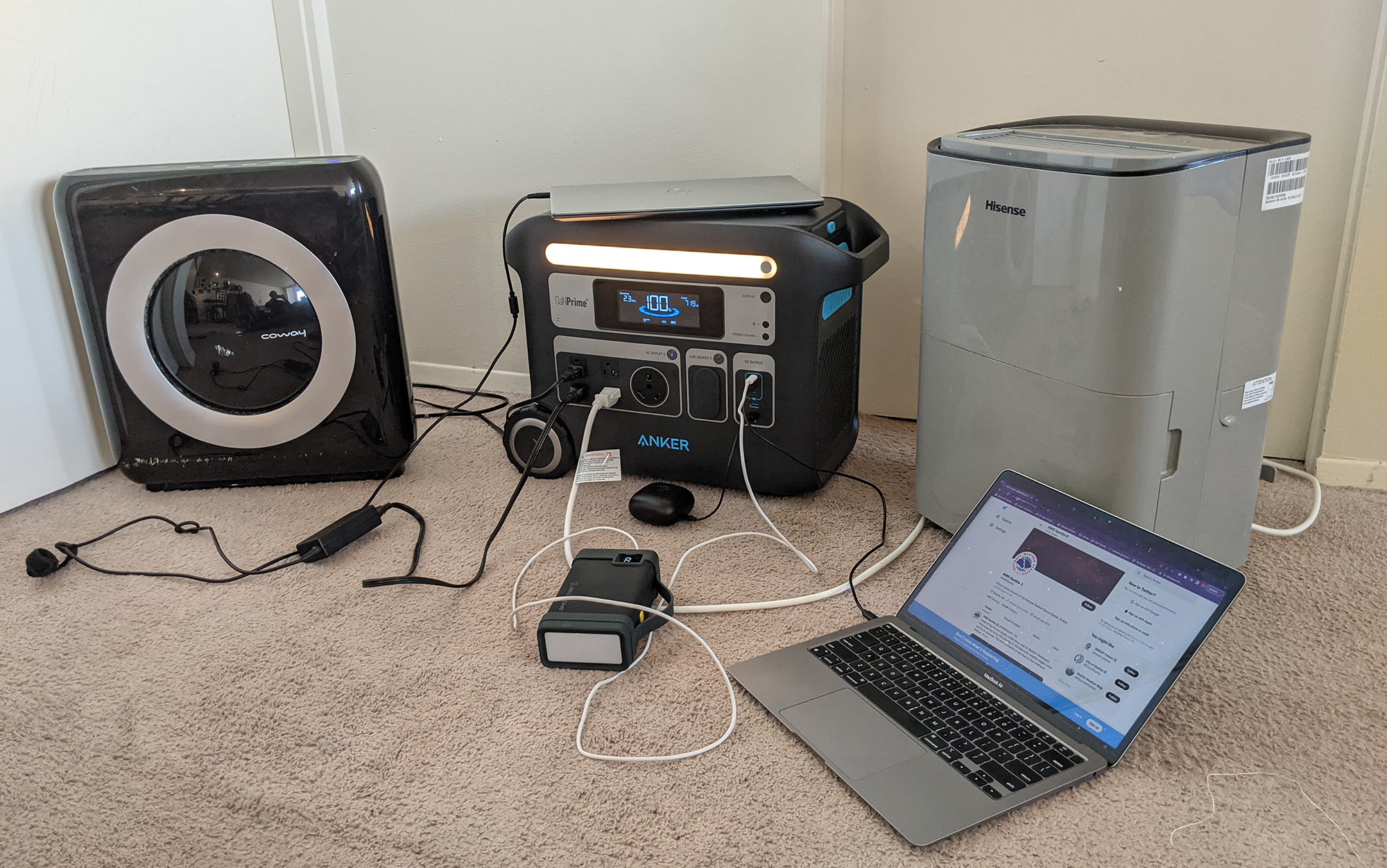 Trying to make a dent in the Anker 767Ã¢ÂÂs output capacity with a dehumidifier, air purifier, two laptops, a battery pack, a pair of headphones, and turning the light on the station up and down using the Anker app. 