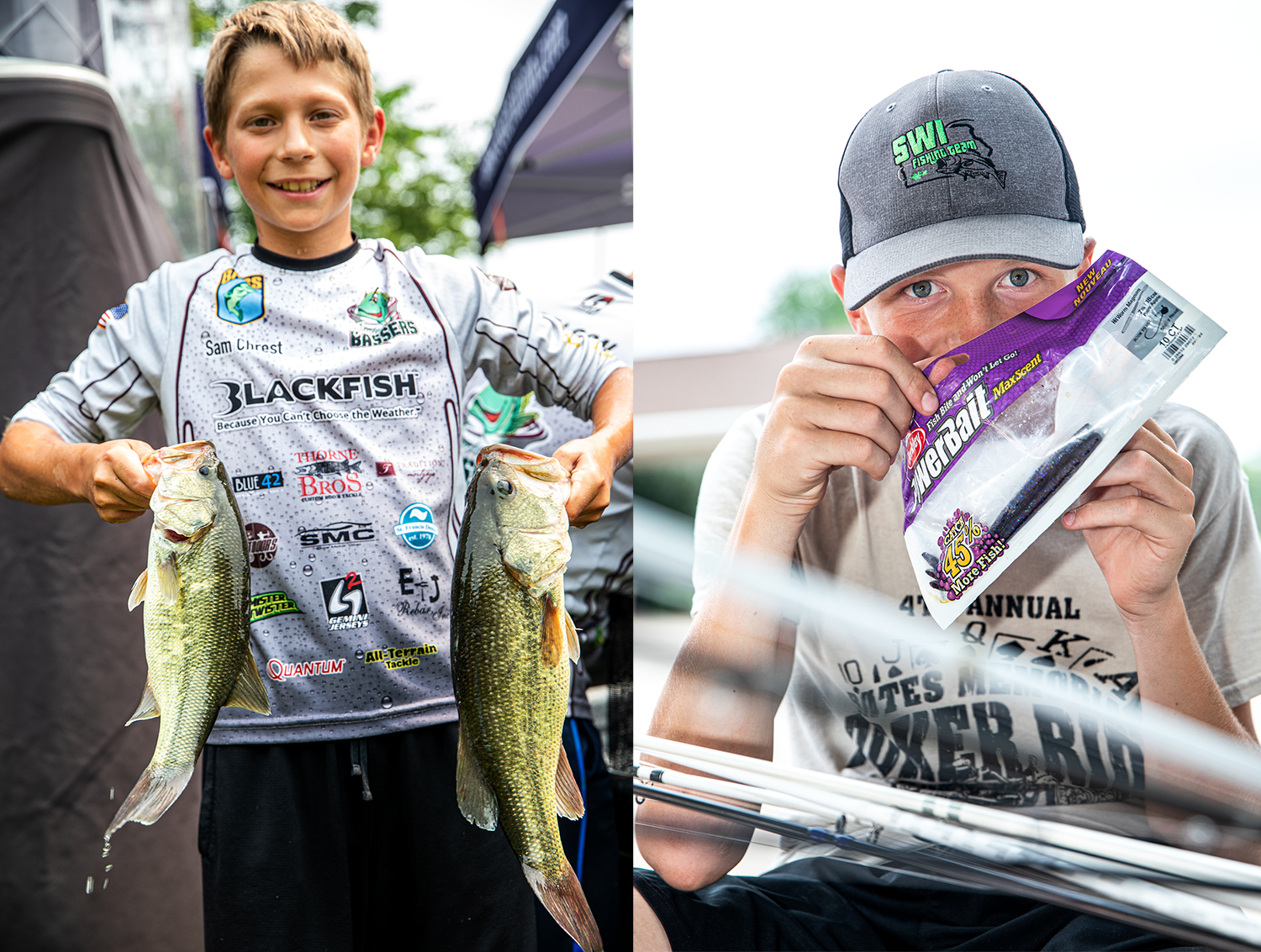 Two bass for weigh-in and smelling PowerBait