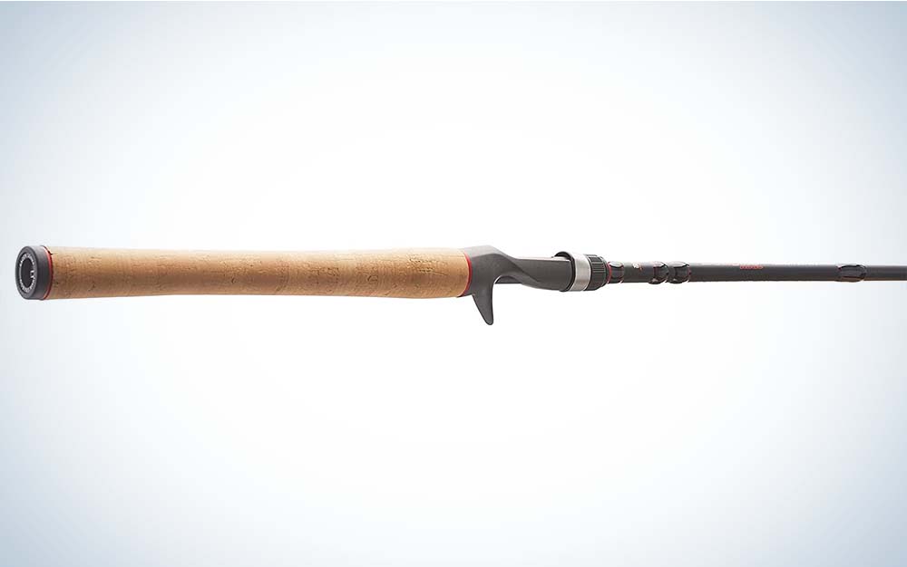 A grey best spinnerbait rod with a cork handle