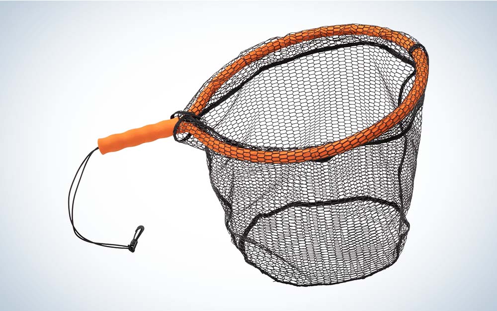 An orange and black kayak best fishing net