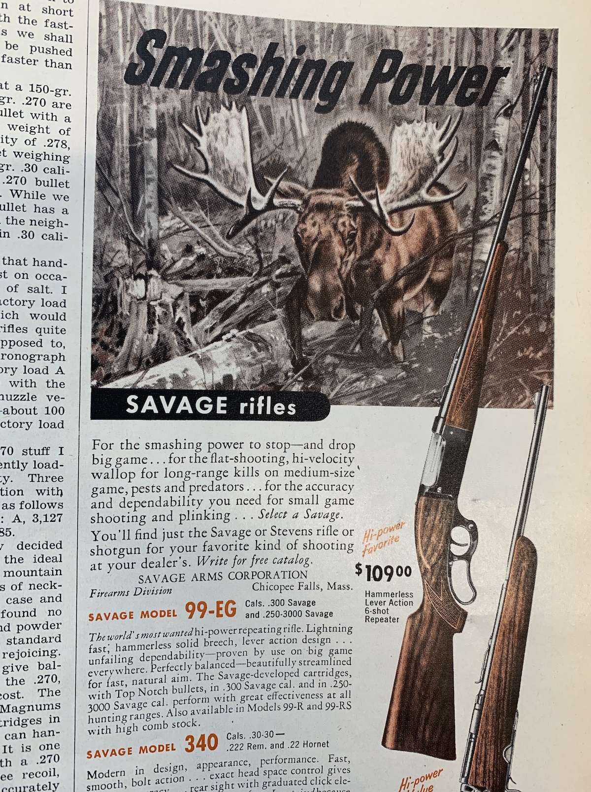The Savage Model 99 was one of America's most-popular lever guns. Ad from the November, 1954 issue of Outdoor Life.