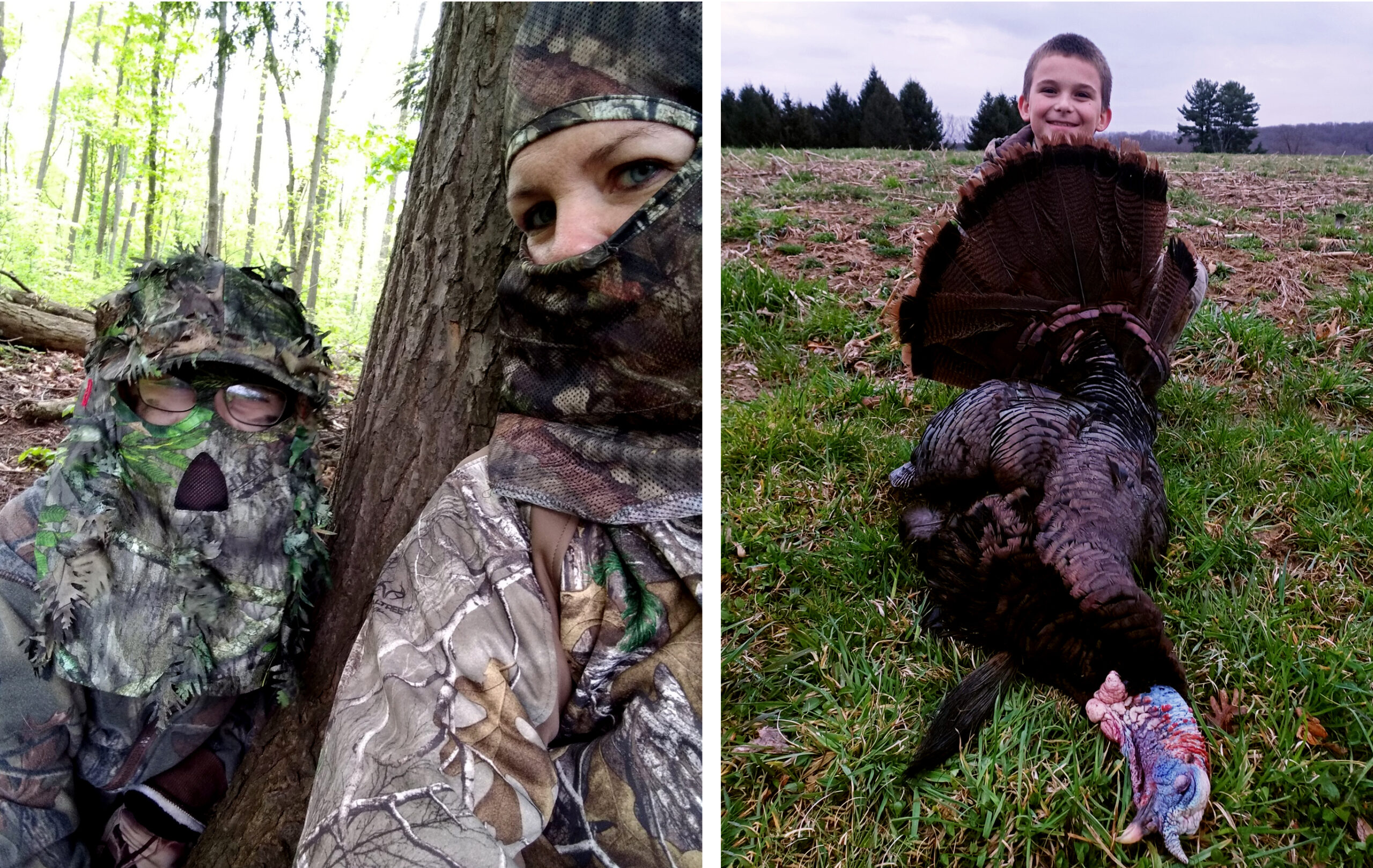 A mom and her son with his first turkey.