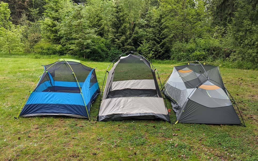 The Coleman Skydome 2-Person Camping Tent (center) stood head and shoulders above the Ozark Trail 2-Person Backpacking Tent (left) and NEMO Dagger 2 Tent (right).