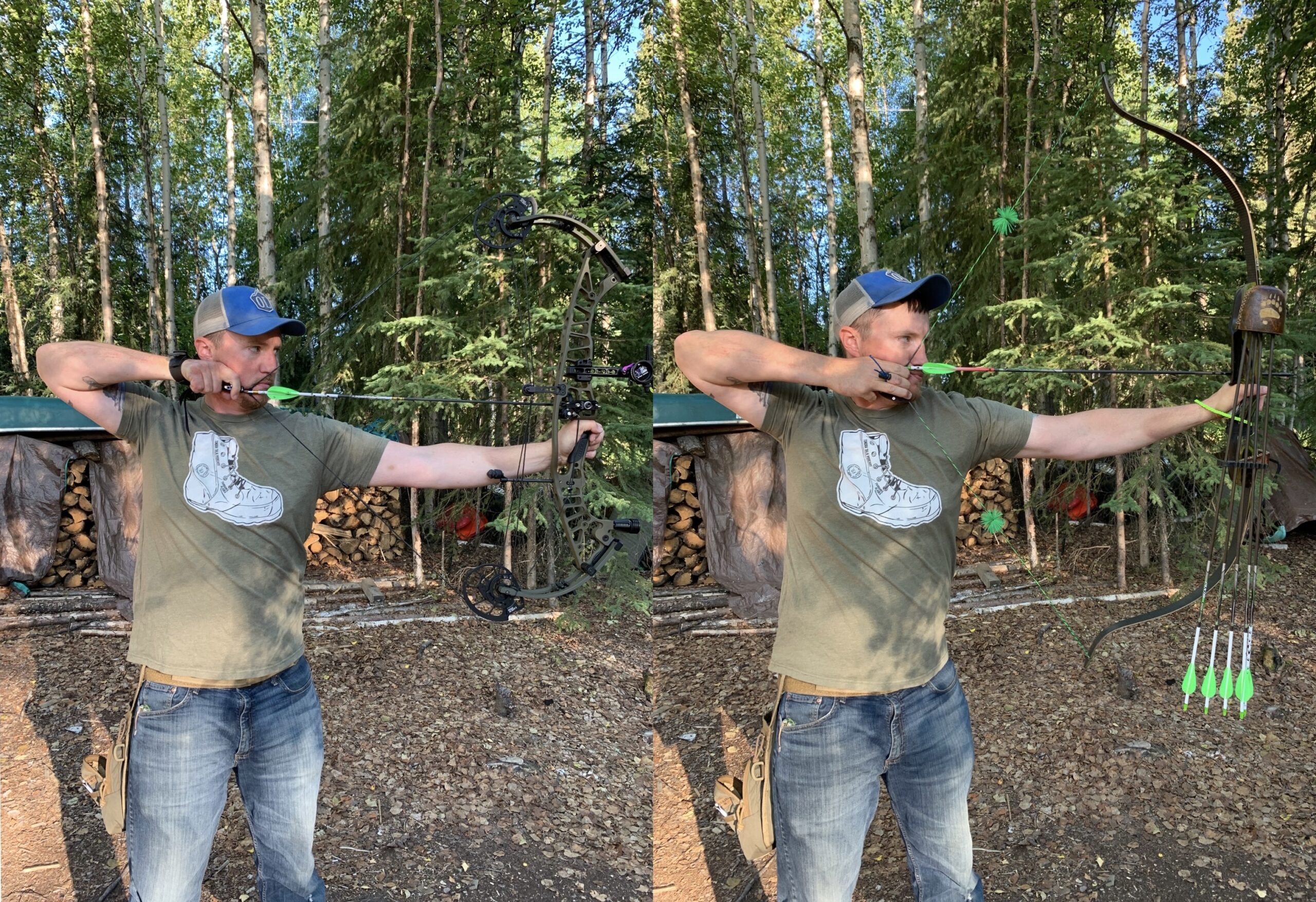 At full draw with a compound and recurve bow