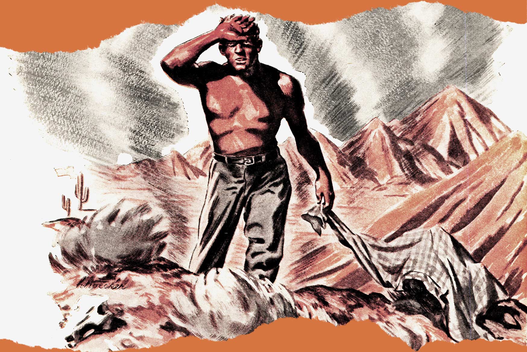 illustration of man throwing away shirt in desert heat