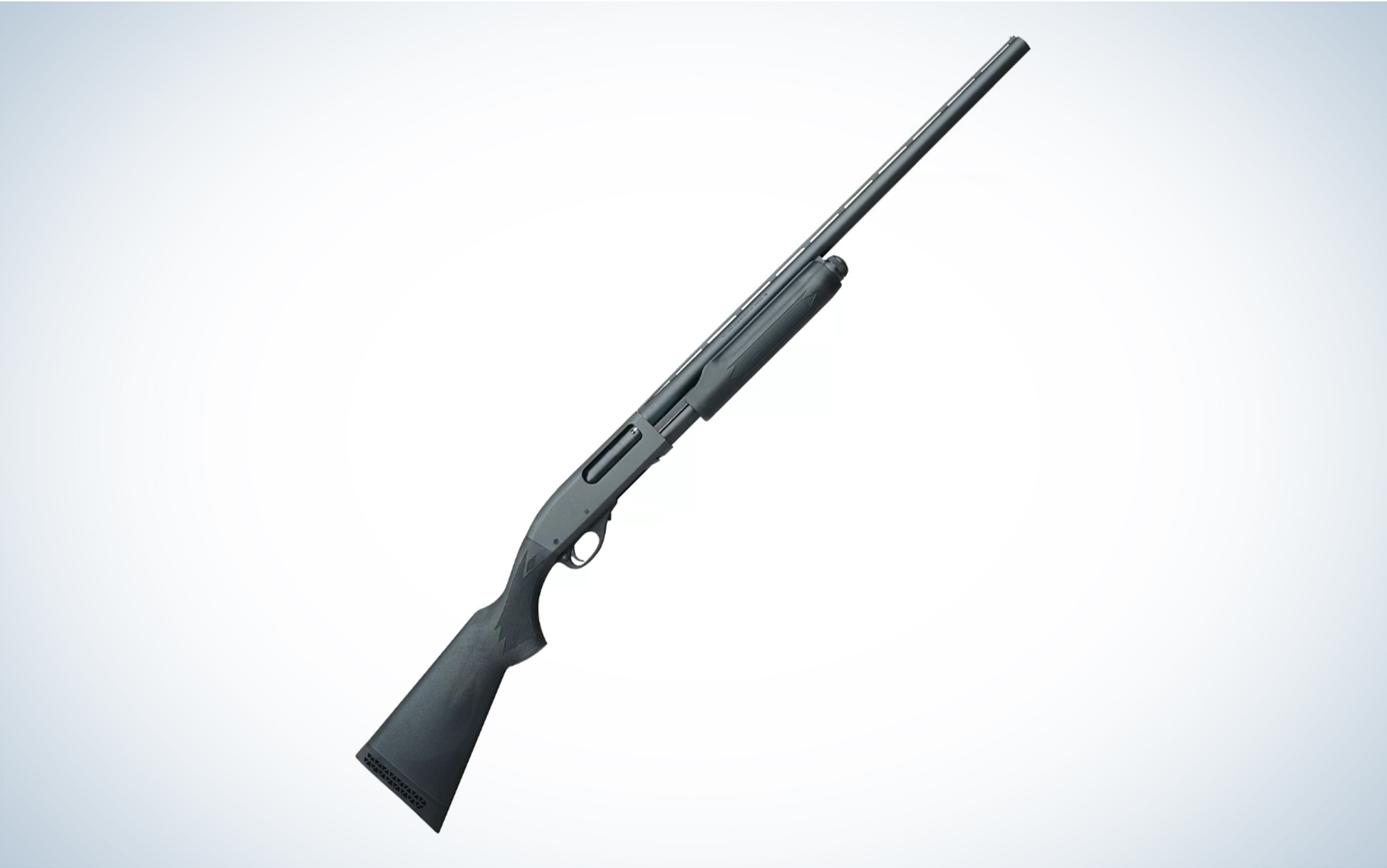 The Remington Model 870 pump-action shotgun features a synthetic stock.