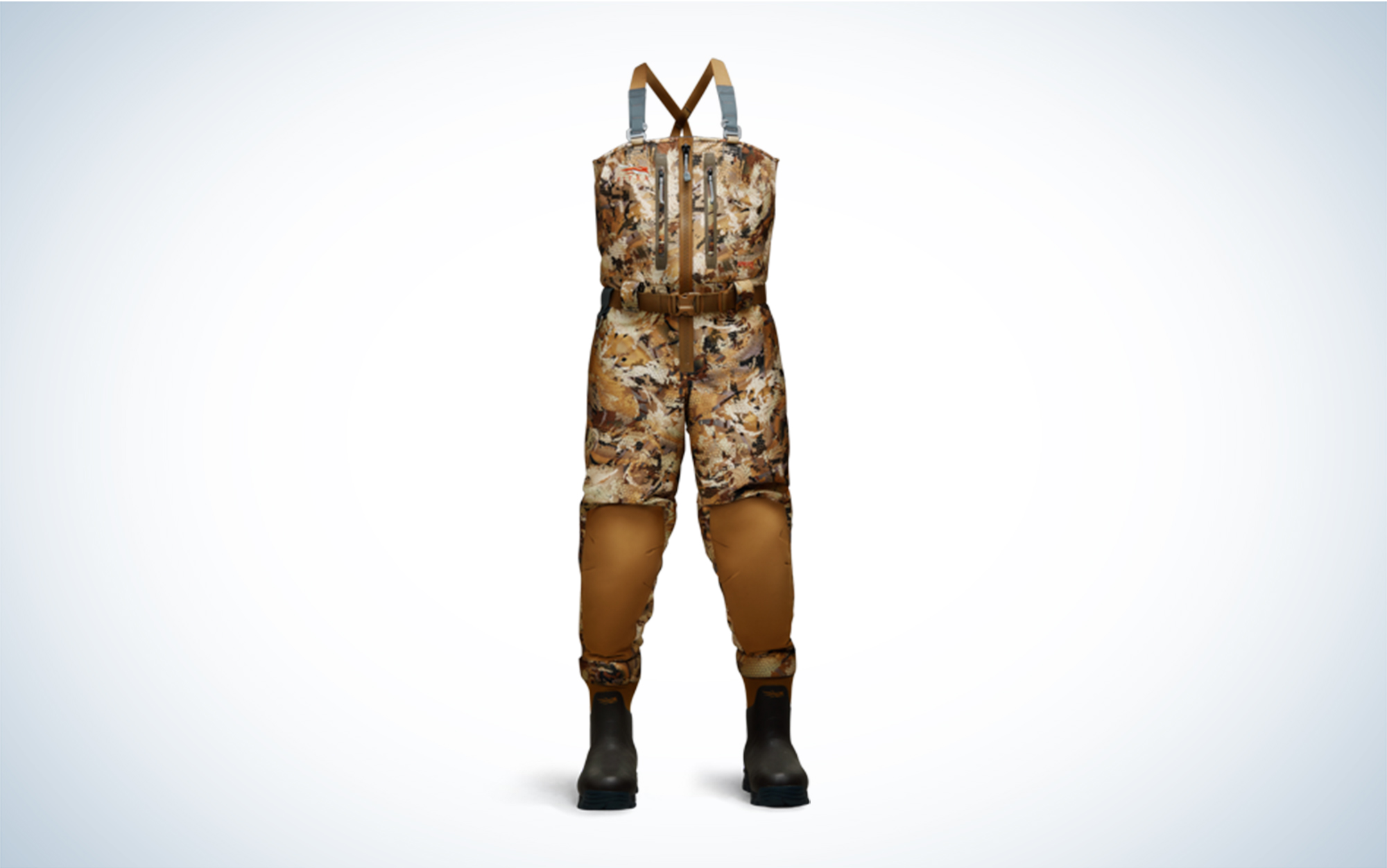 These SITKA Delta Zip Waders are the waterfowl marsh camouflage pattern.