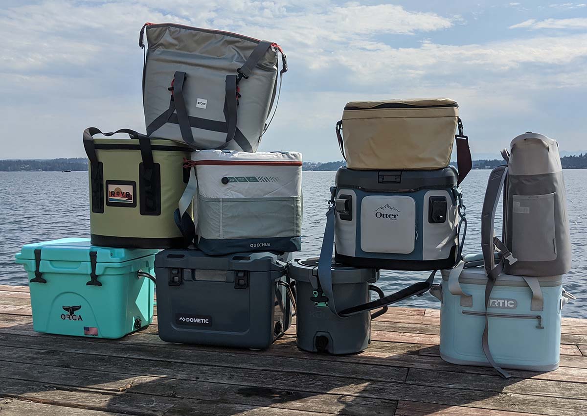 The best small coolers stacked on a dock.