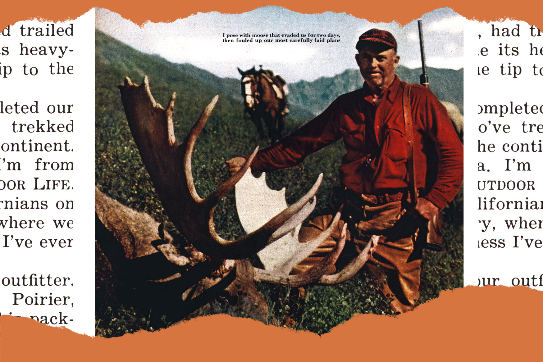 old magazine photo of author with moose