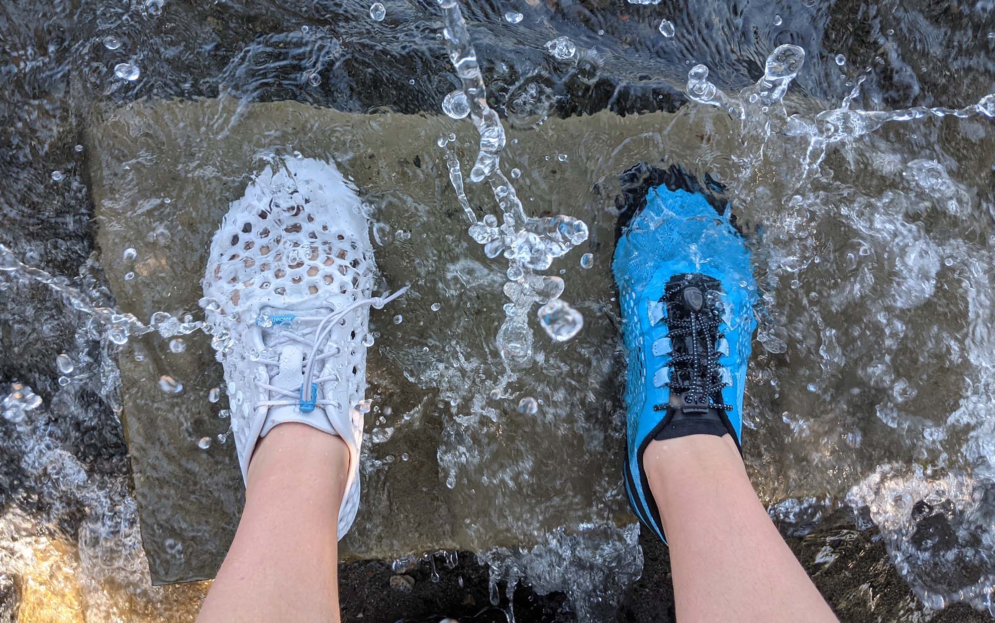Even though they are both minimalist shoes, the foam construction of the Vivobarefoot Ultra III Bloom dried significantly faster than the fabric of the XeroShoes Aqua X Sport.