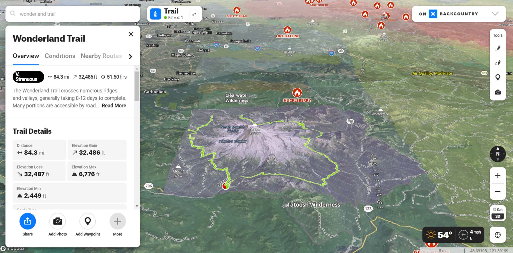 A 3D look at Mount Rainer’s Wonderland Trail, with a band of smoke to the northwest, and the red indicating dangerous air quality to the northeast.