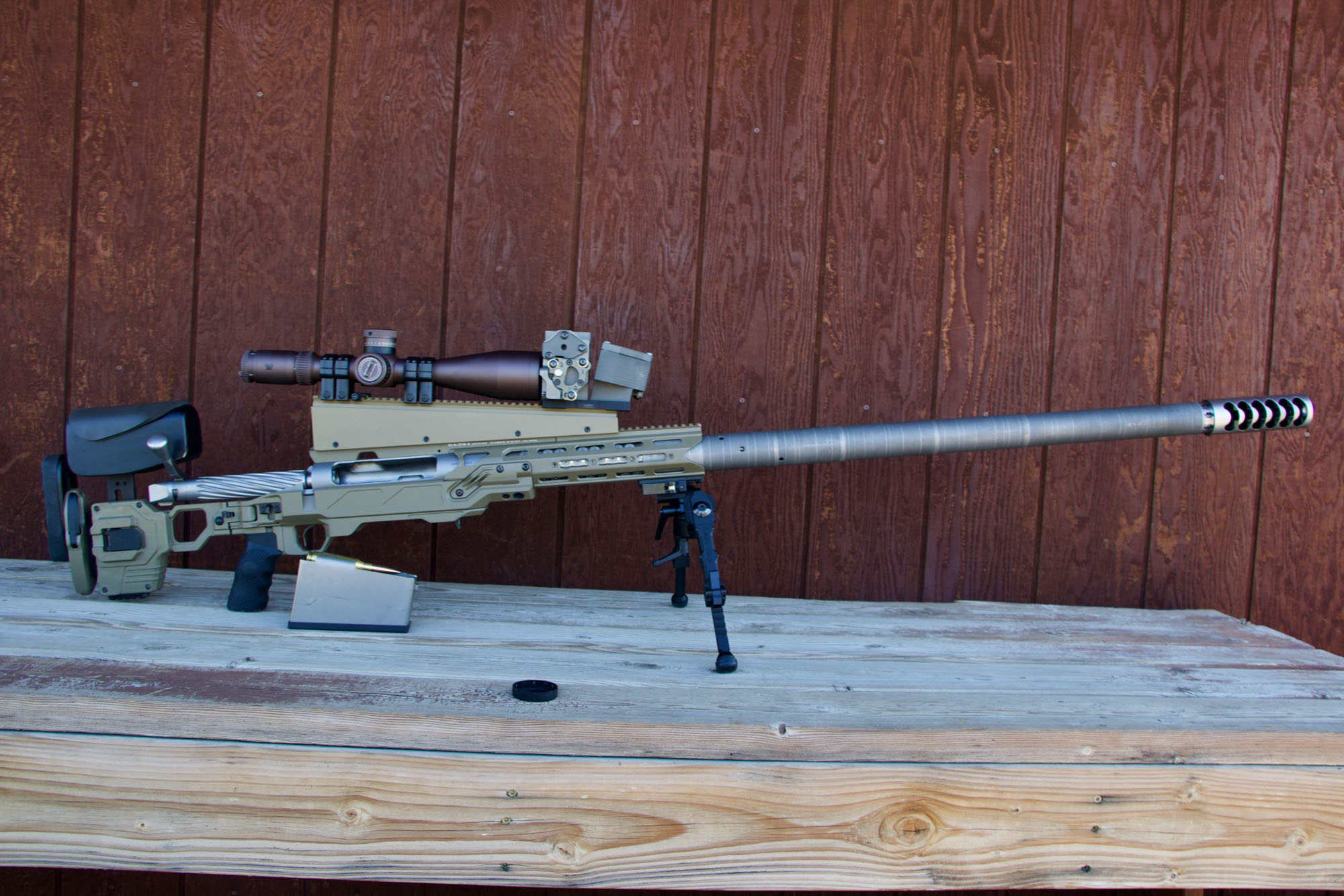 This is the rifle that set the new record for the longest hit on a target—a 4.4 mile shot using a highly customized .416 Barrett.