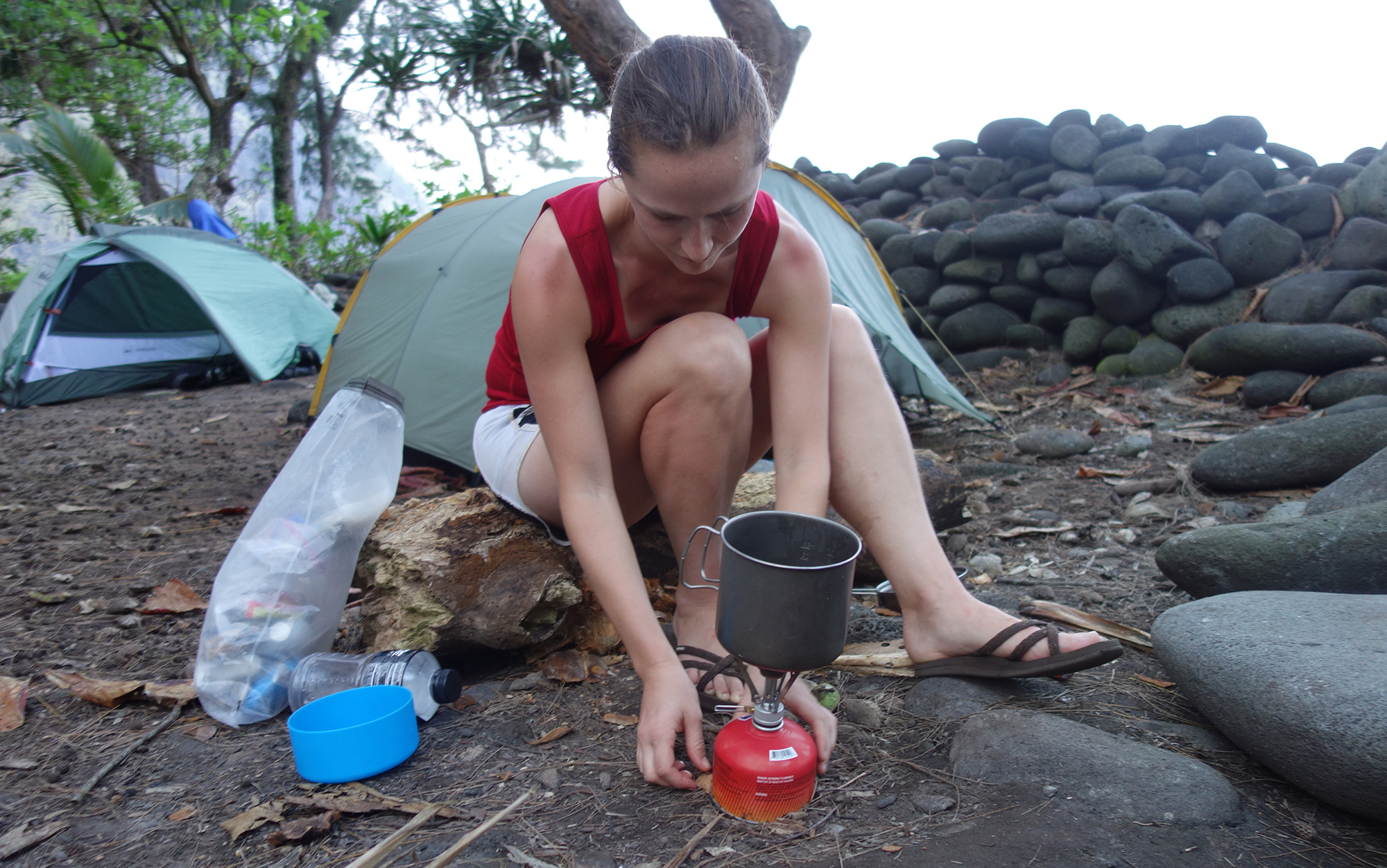 Getting ready to cook some dinner while backpacking in Waimanu Valley on the Big Island of Hawaii.