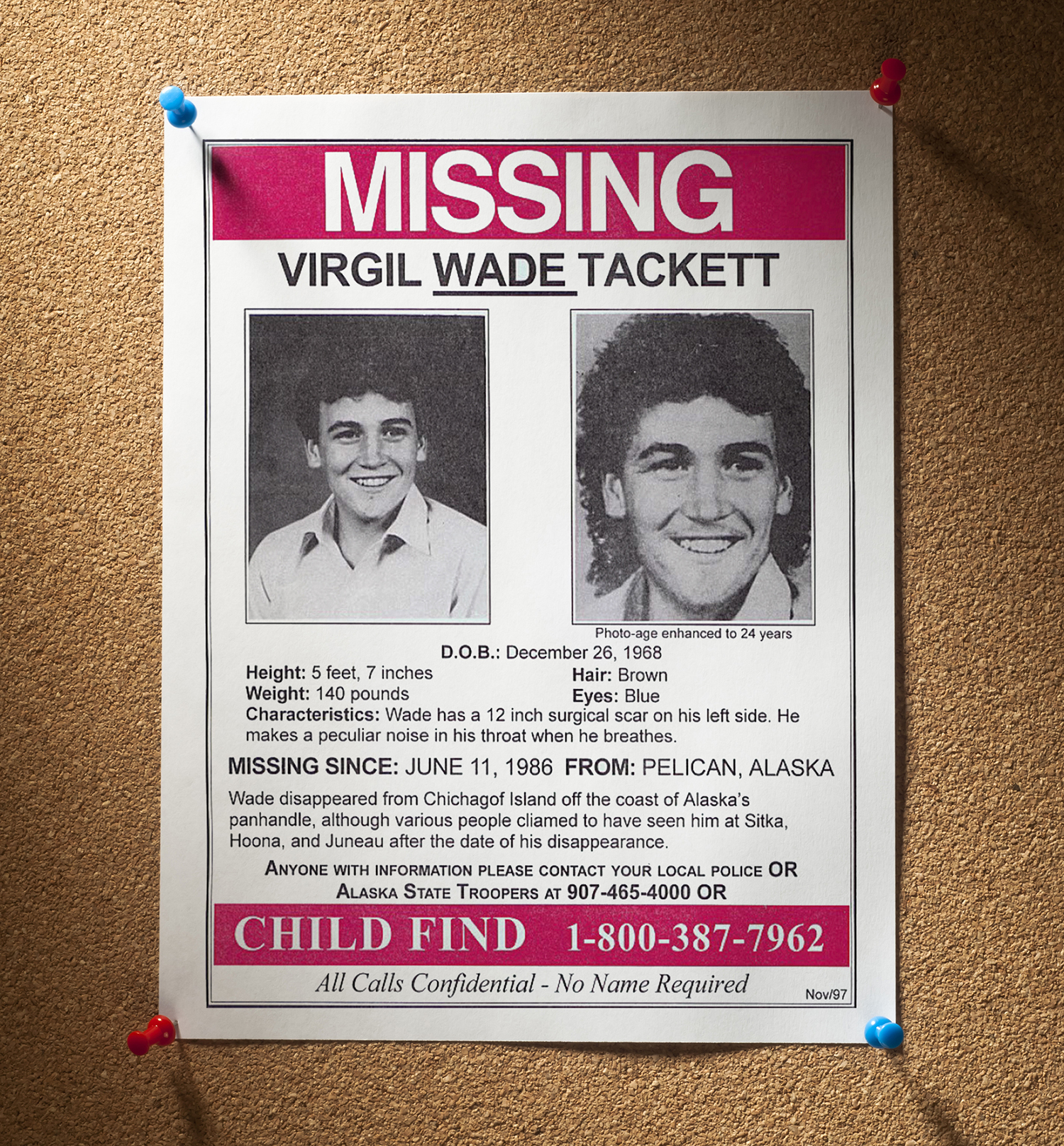 The poster of Wade Tackett from the Alaska State Troopers Active Missing Persons Bulletins web page.