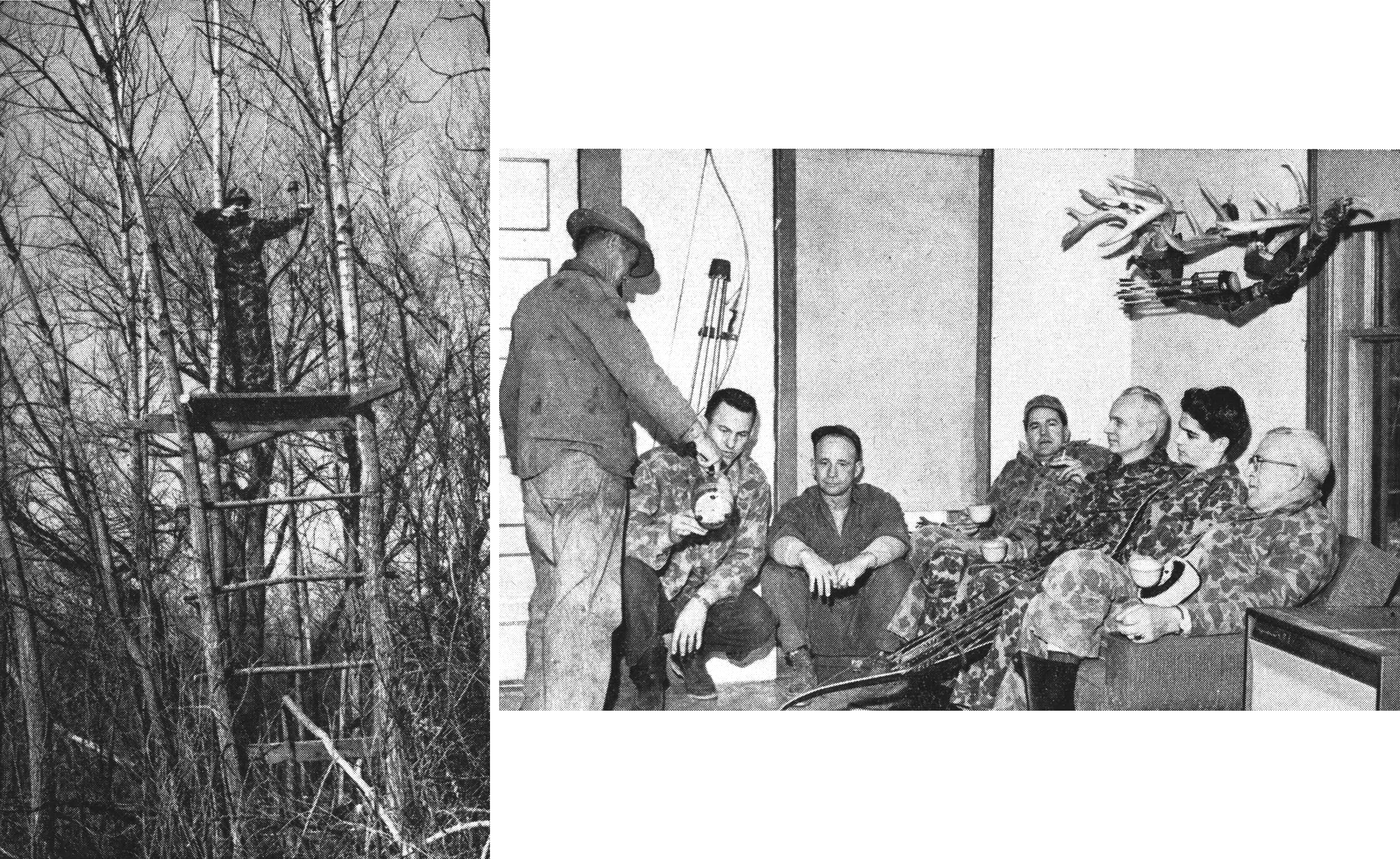 old photos of hunters in a treestand and relaxing after a hunt
