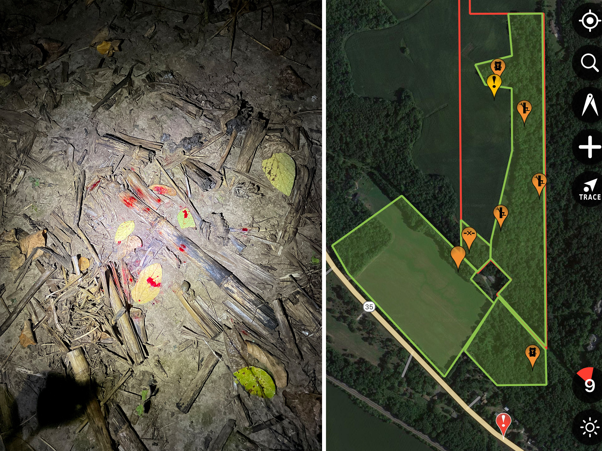 Left: the small amount of blood that Dahlke found. Right: Map showing where Dahlke shot the buck (yellow exclamation point) and where he found the buck on the side of the road (red exclamation point).