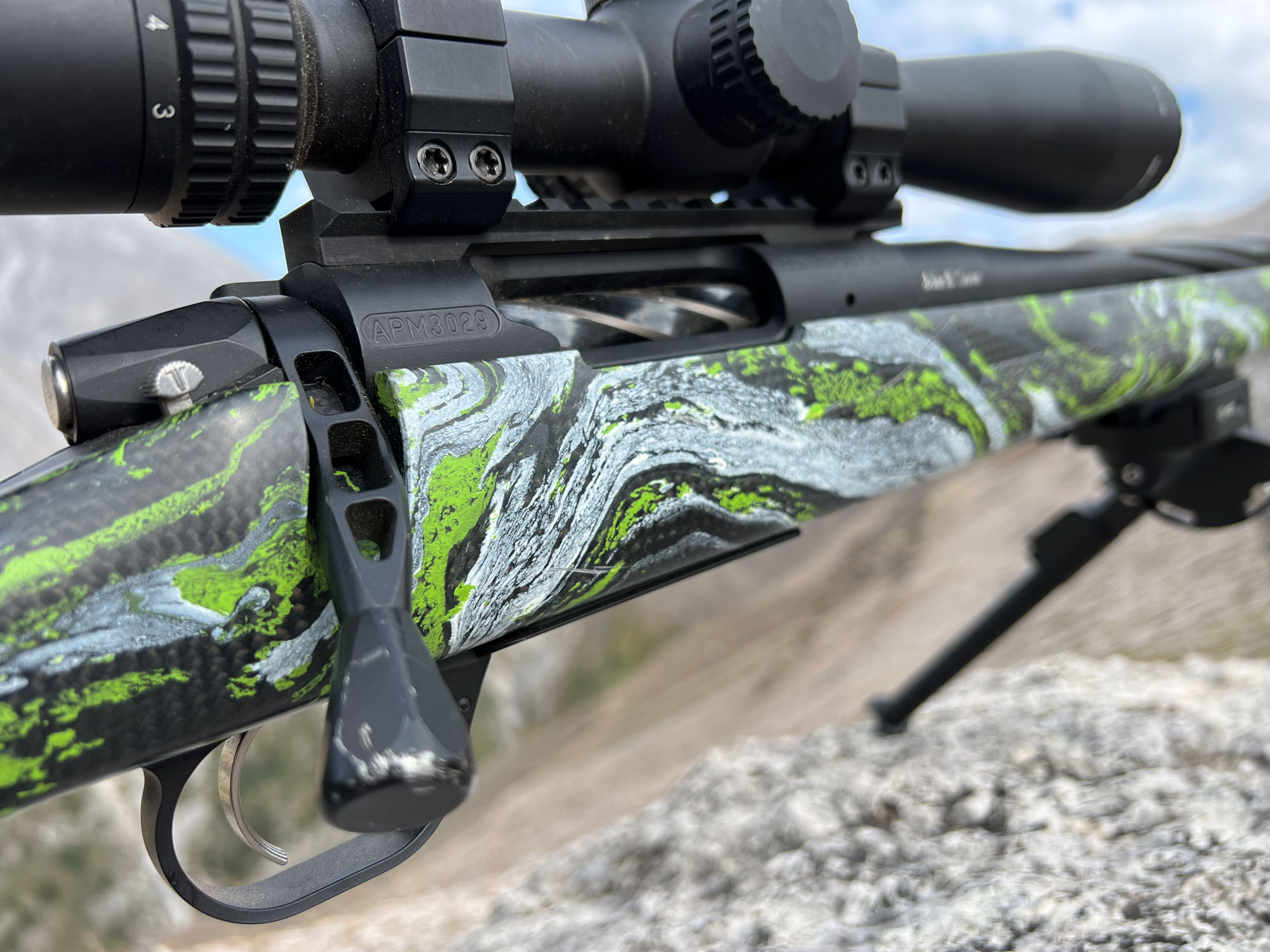 A detail of the "zombie swirl" finish on the author's Mountain Shadow Steel rifle. 
