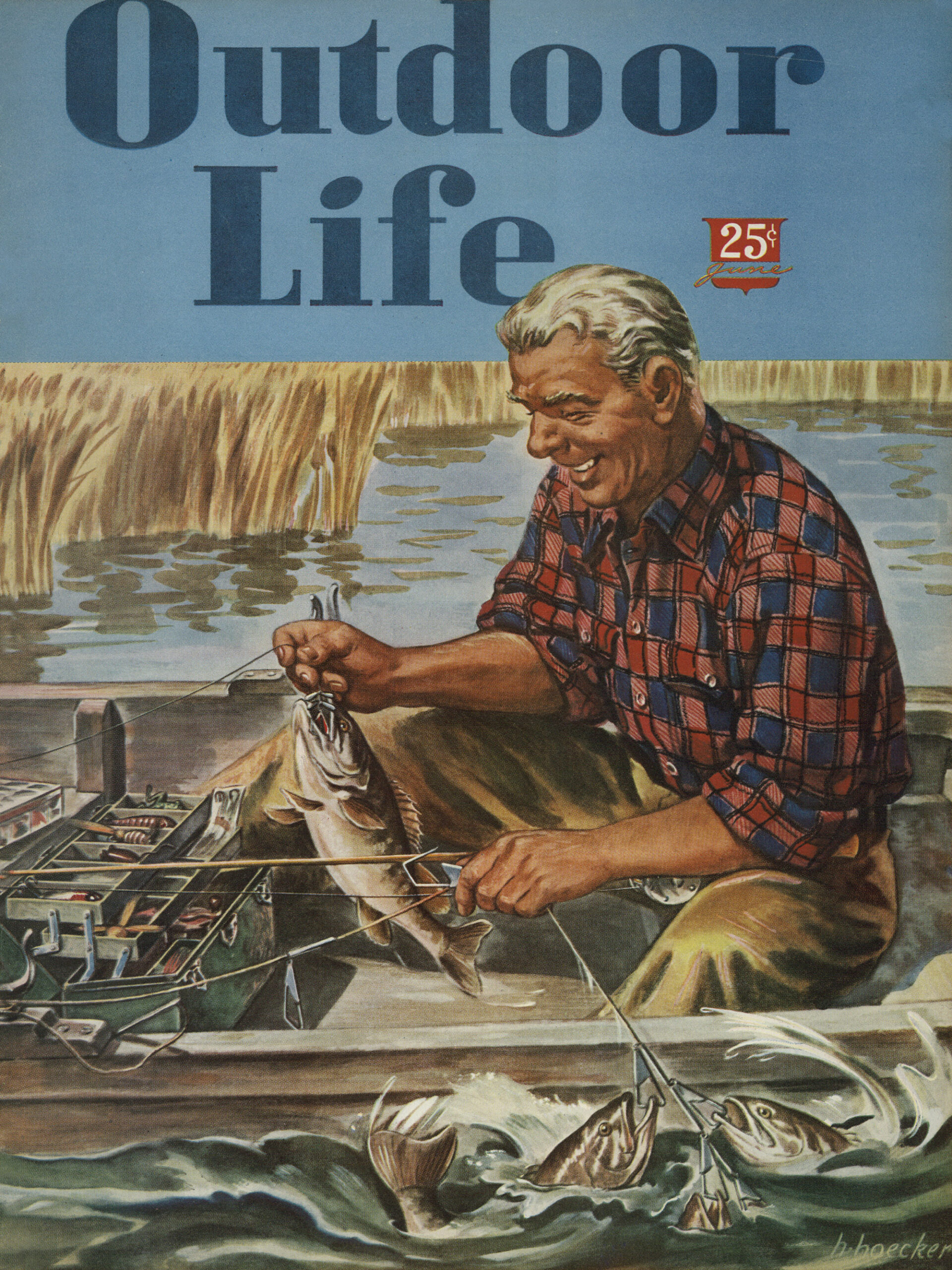 A man in a plaid shirt fishing for the June 1947 cover of outdoor life.