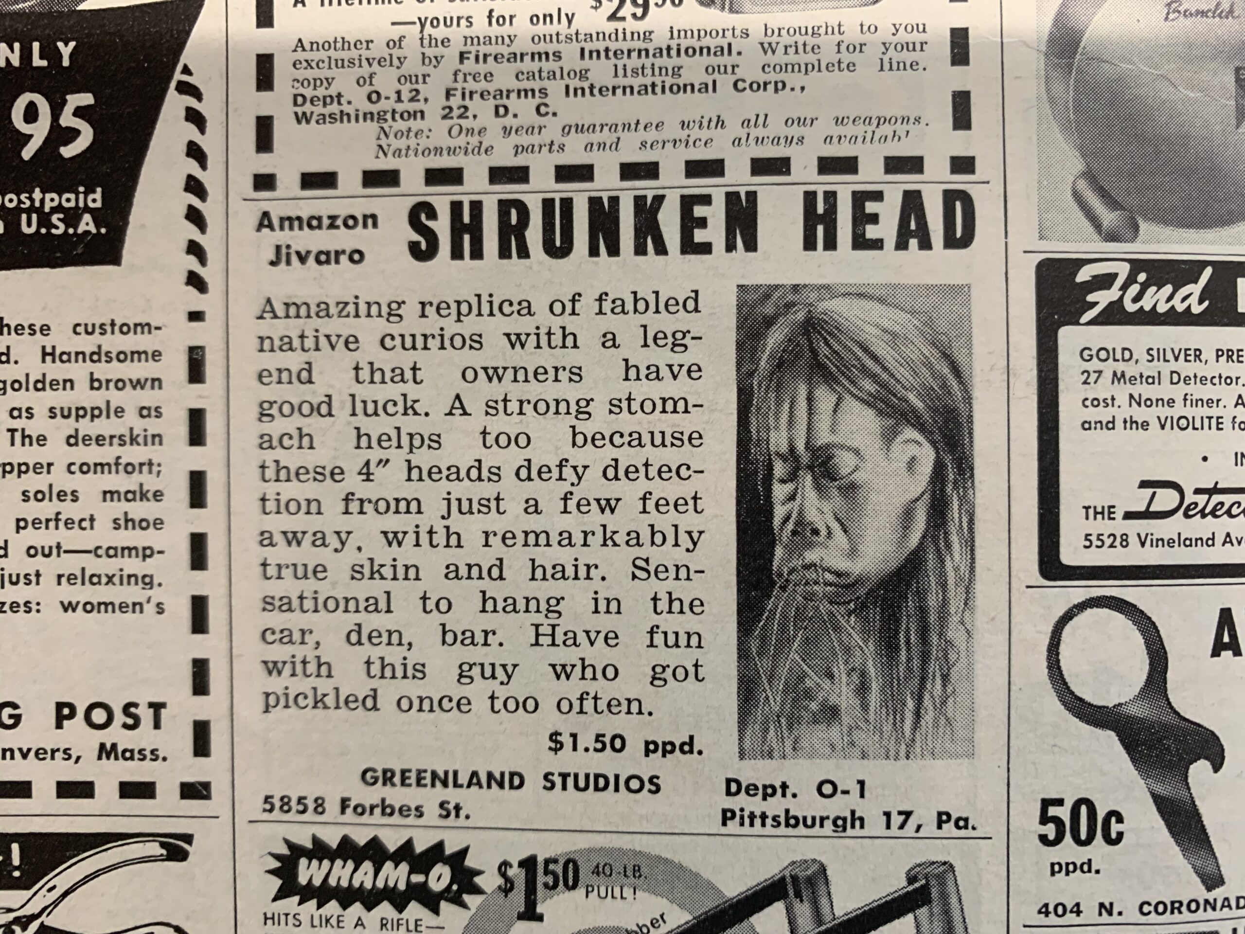 Vintage ad for shrunken head replicas