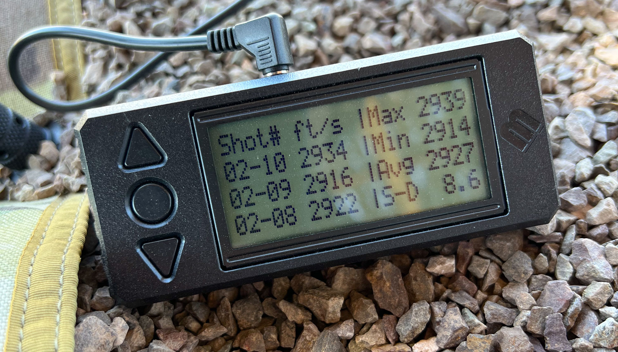 chronograph showing velocity and SD figures for the 7 PRC