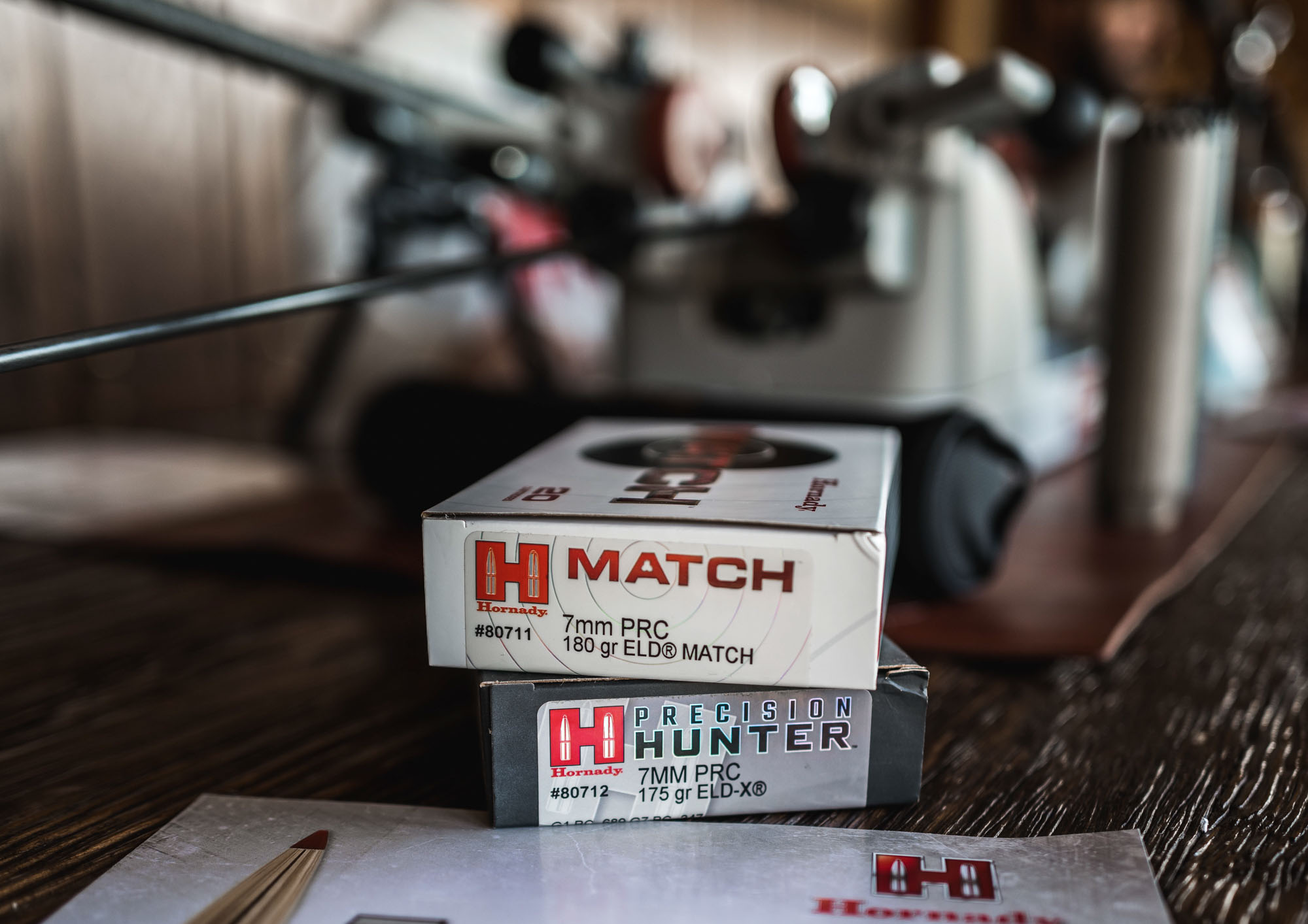 Hornady 7 PRC ammo boxes on a table
