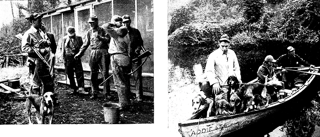 old magazine photos of hunters outside camp, with dogs in boat