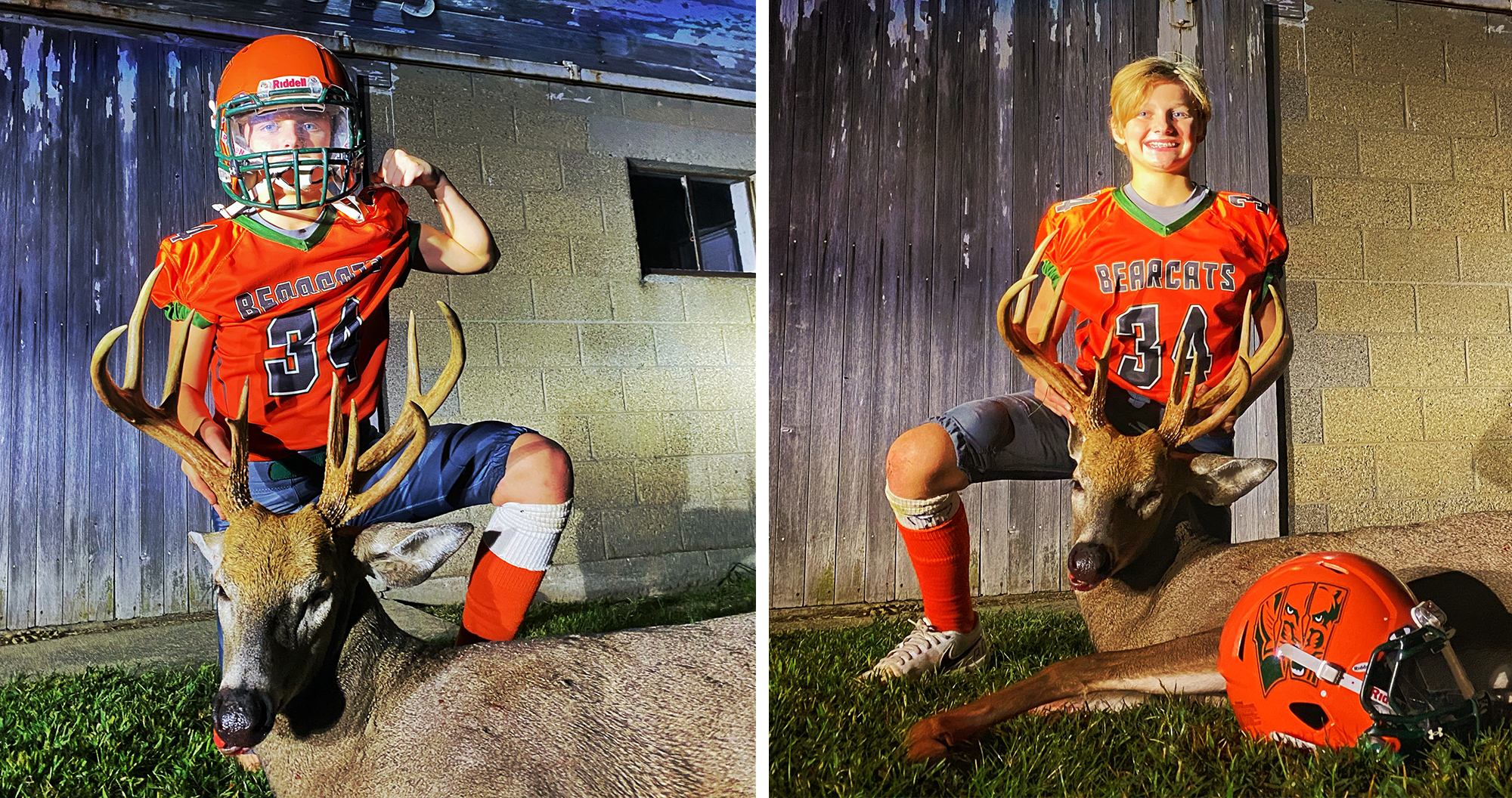 A young football player from Indiana shot a nice deer after his game.