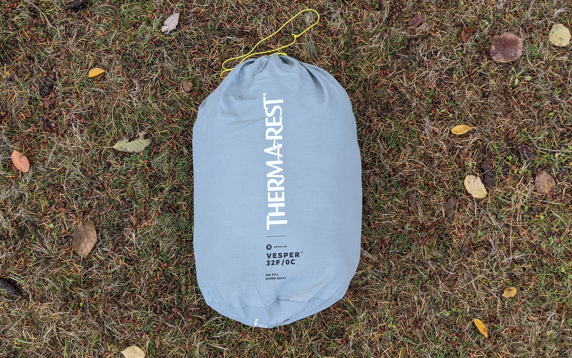 The Therm A Rest Vesper quilt is in a storage bag.
