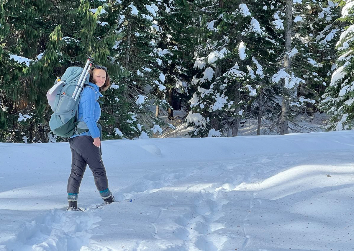 The author is wearing the Deuter Aircontact while snowshoeing.