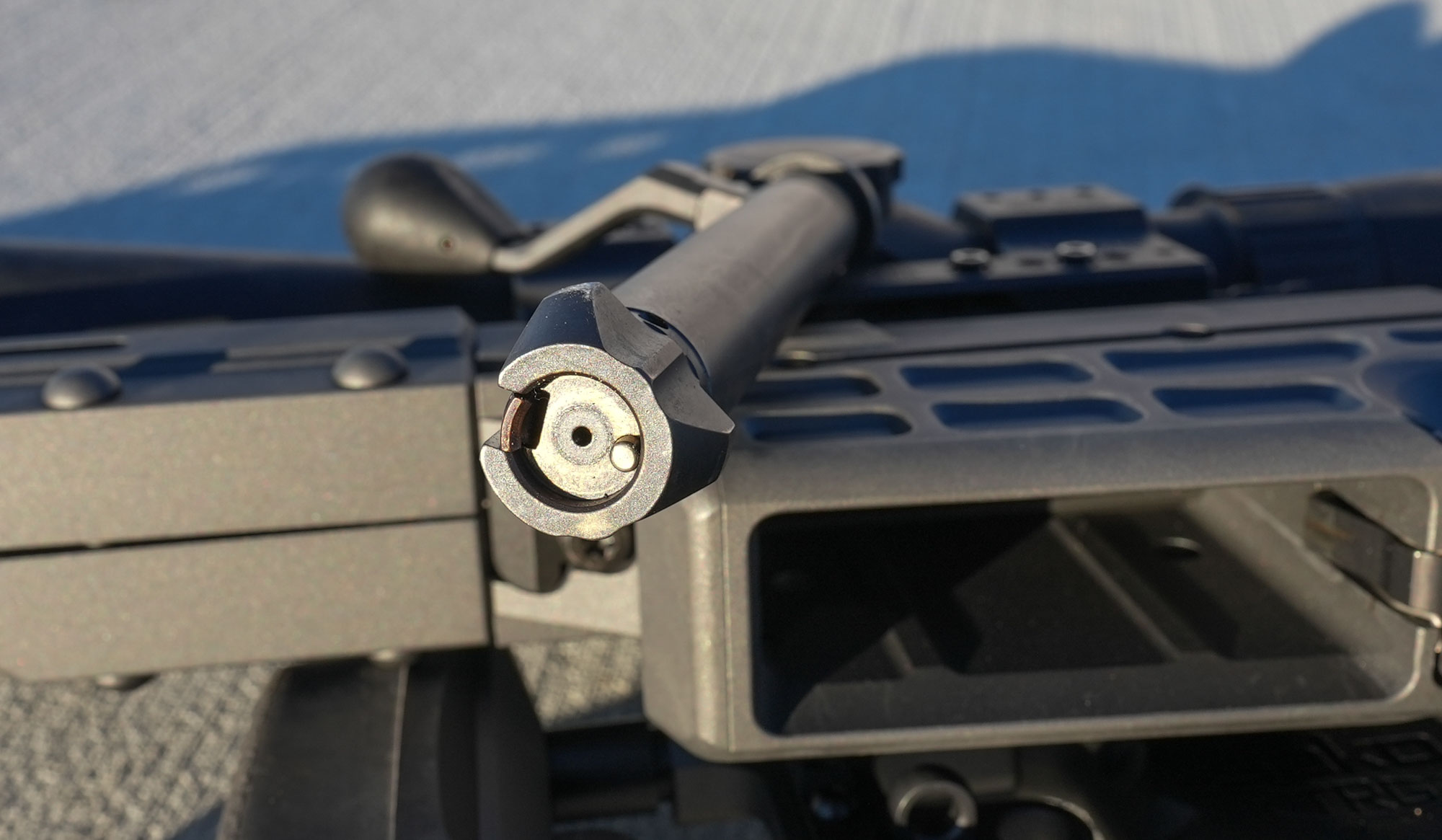 Close up of rifle bolt