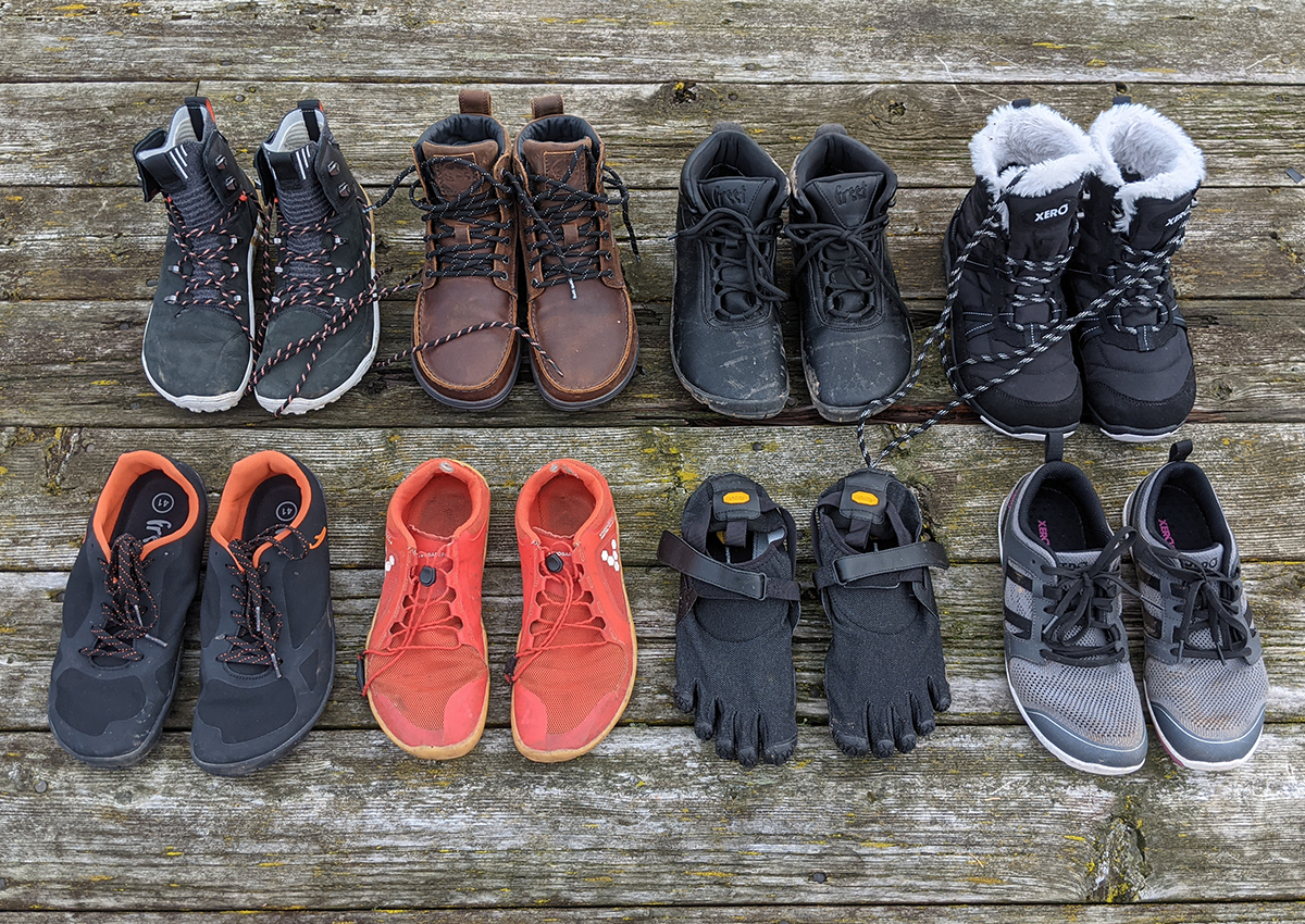 The best minimalist hiking boots and trail runners are lined up.