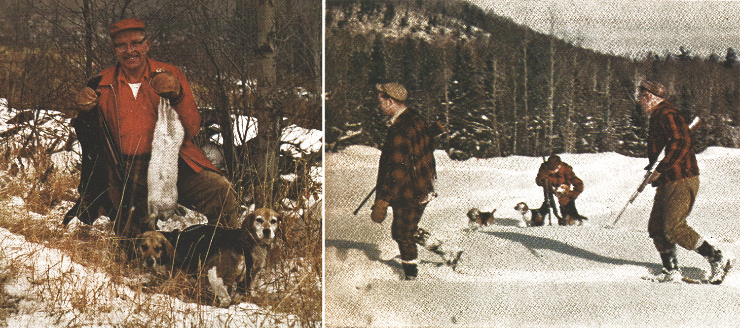 two photos: hunter with rabbits, hunters walking