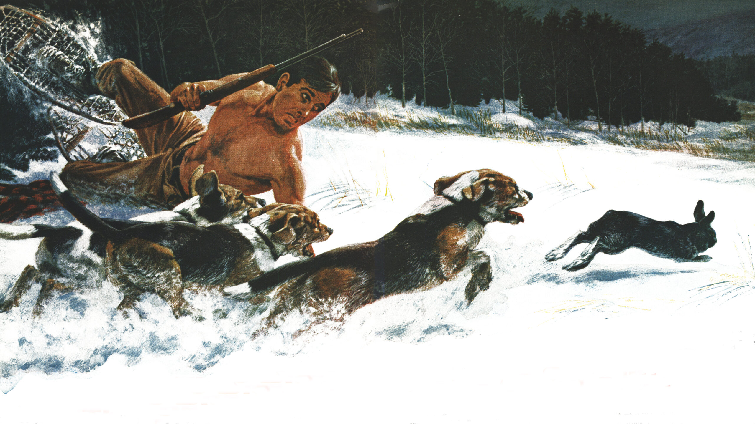 illustration of beagles chasing hare, hunter falling