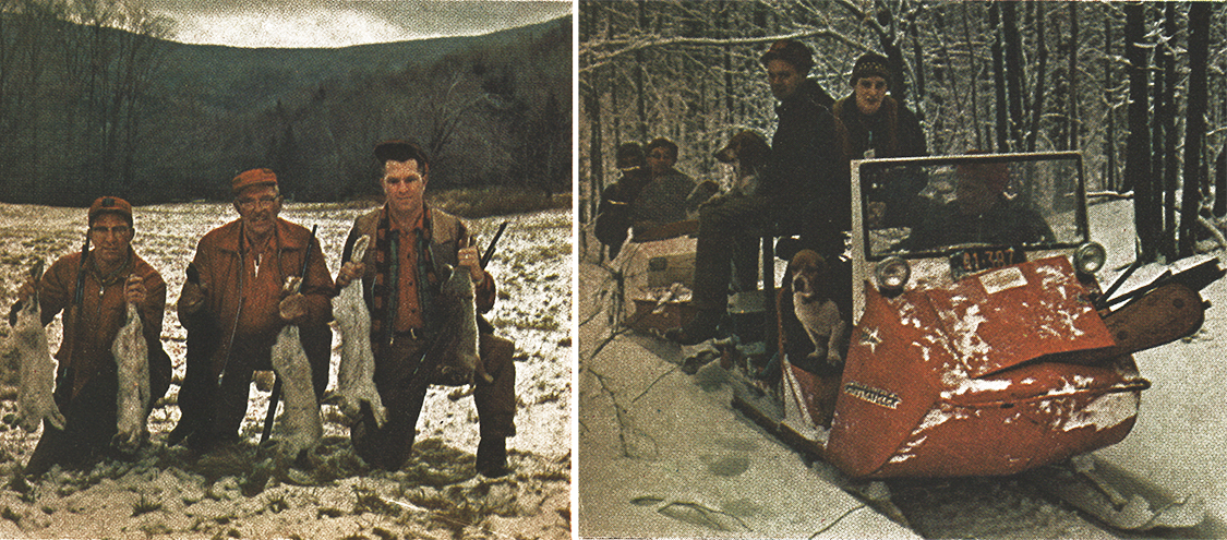 two photos: hunters with rabbbits, snowmobilers