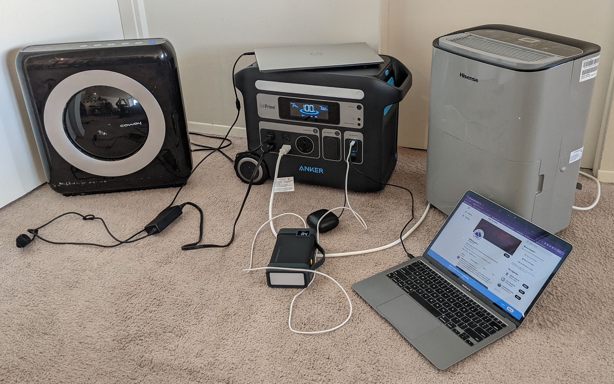 Two laptops as well as a power bank, air purifier, and dehumidifier were no match for the Anker PowerHouse 767.