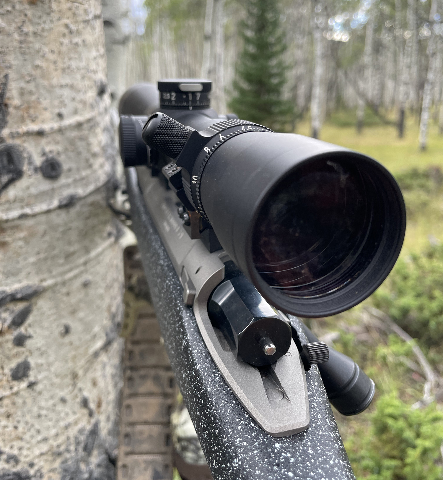close-up of scope on rifle next to tree