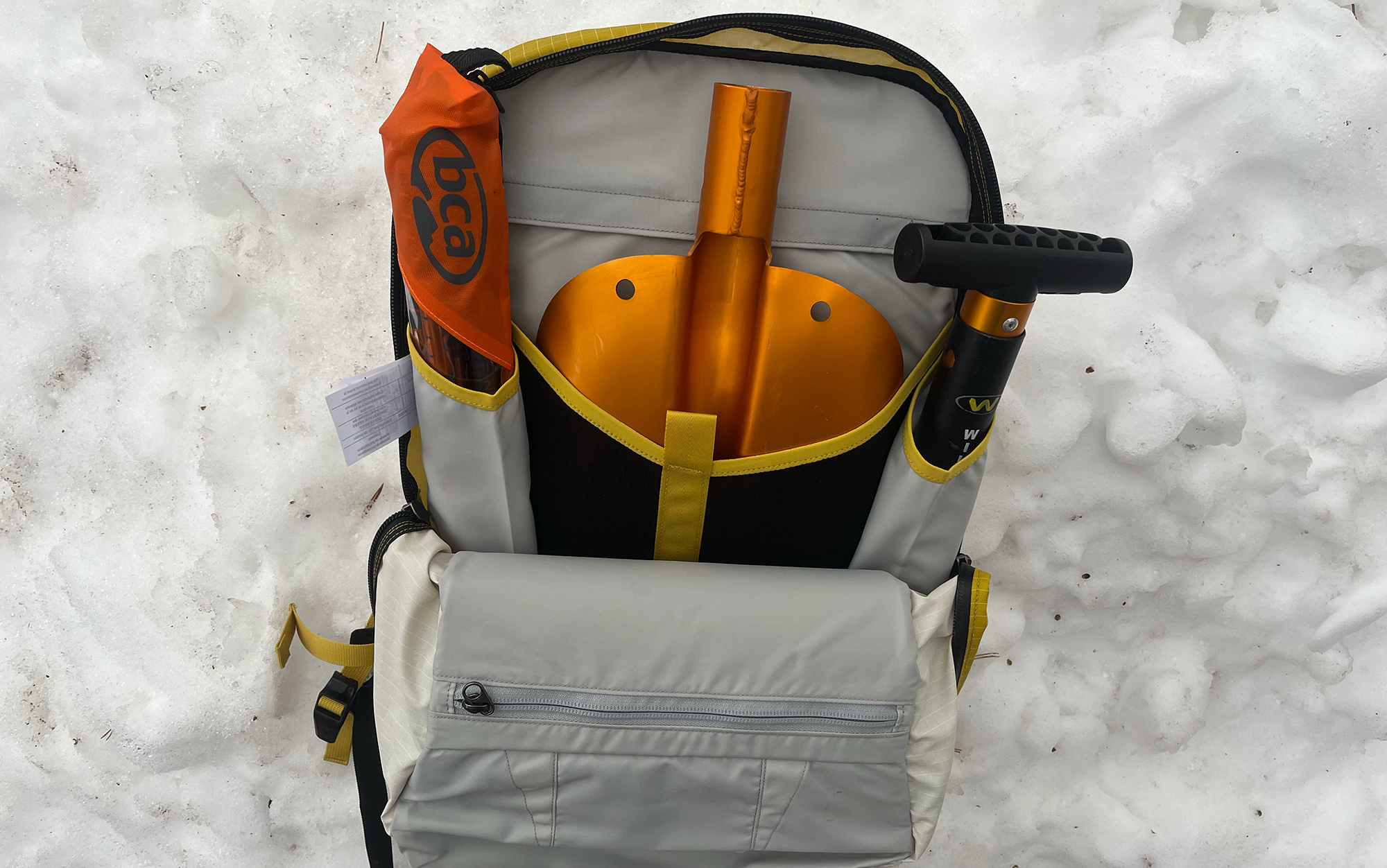 The Arcâteryx Rush SK 16 has designated pockets for avalanche safety tools.