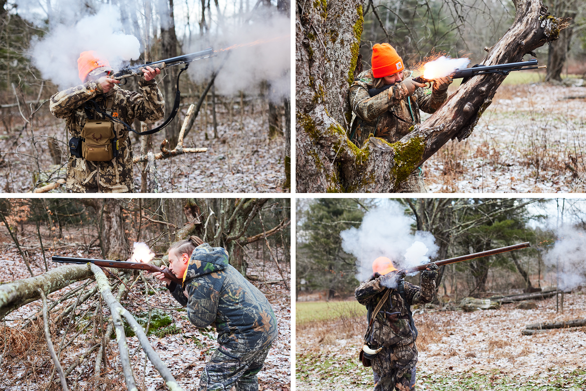 Four different hunters shoot four flintlock rifles.